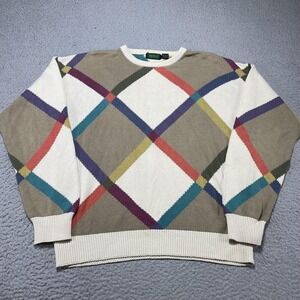 Vintage Byford Sweater Mens XL Multicolor Argyle Knit Crewneck Pullover 80s